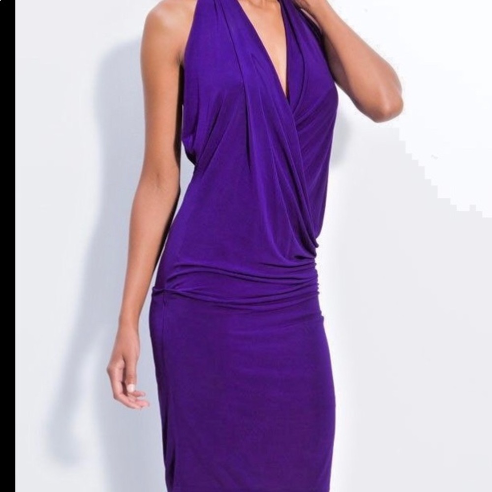 Purple nicole miller ruched halter dress